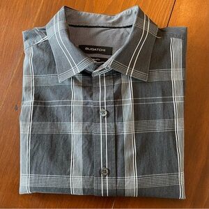 Bugatchi Mens Shirt Shape Fit Grey Plaid 100% Cotton Long Sleeve Flip Cuff Sz L